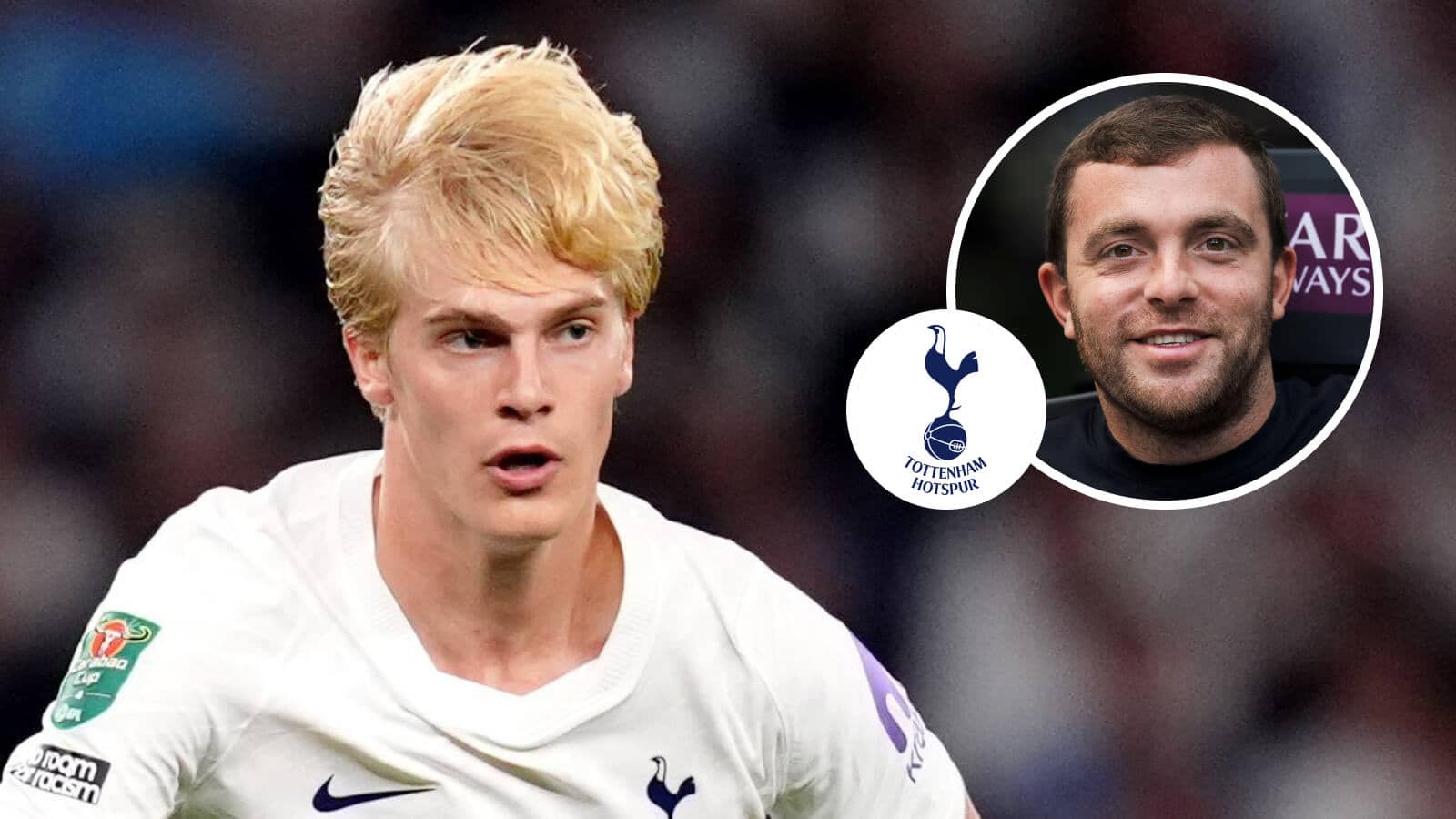 Tottenham Hotspur star Lucas Bergvall next to, inset, Fabrizio Romano and the club badge