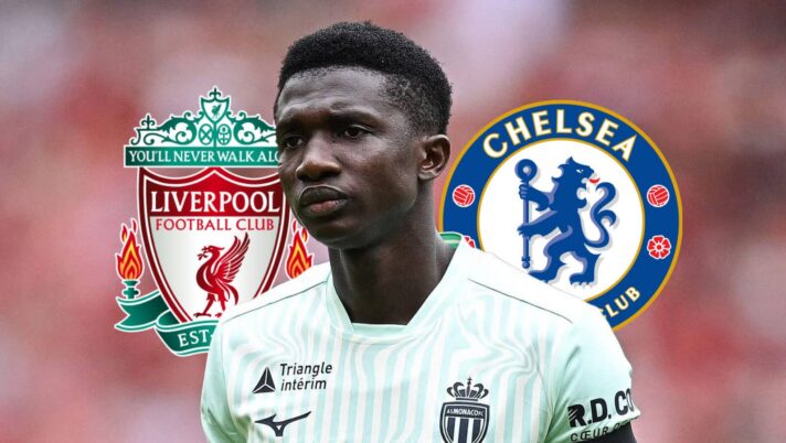 Monaco star Lamine Camara next to the badges of Liverpool and Chelsea