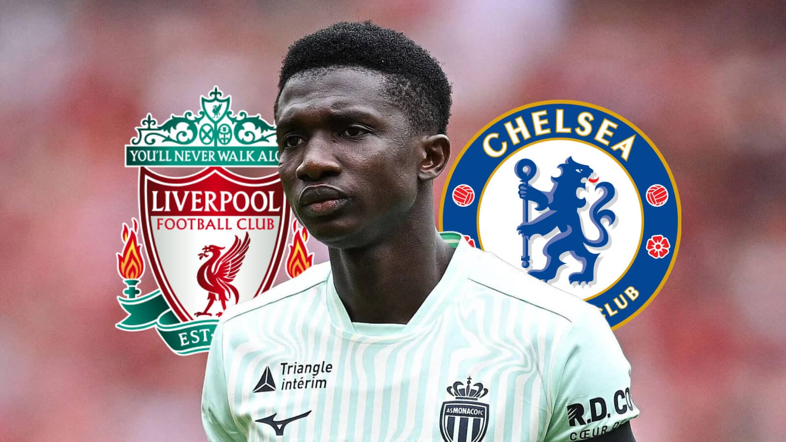 Monaco star Lamine Camara next to the badges of Liverpool and Chelsea
