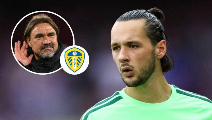 Leeds United goalkeeper James Trafford and, inset, boss Daniel Farke next to the Leeds United badge