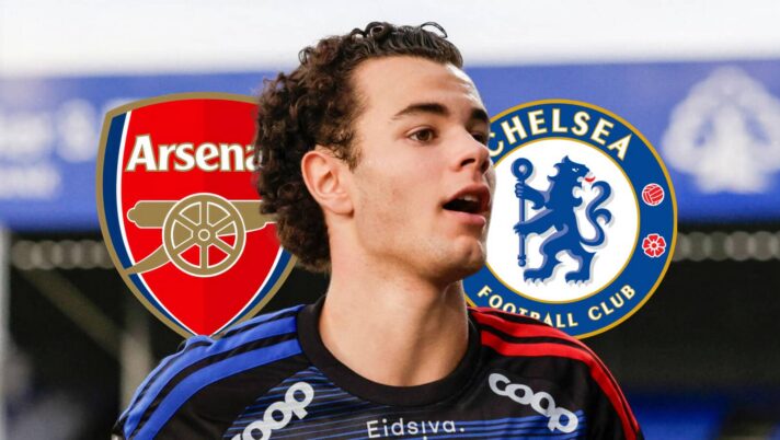Gabriel Rajkovic next to the Arsenal and Chelsea badges