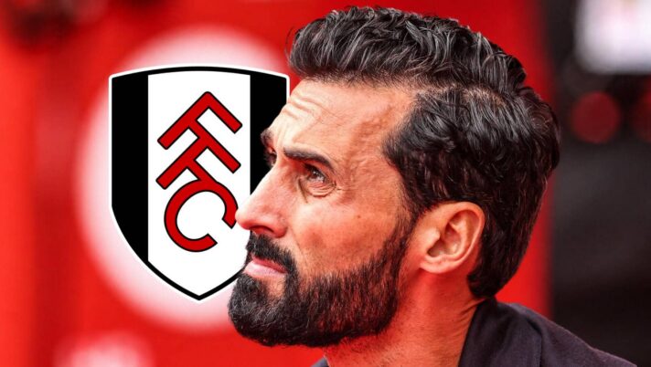 Fulham manager Alvaro Arbeloa next to the club badge