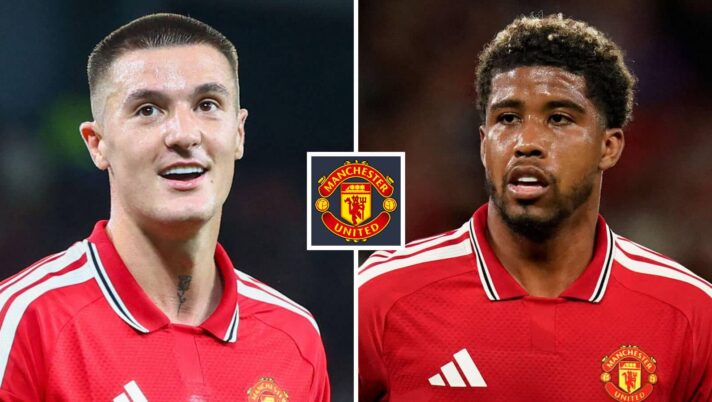 Manchester United striker Benjamin Sesko and midfielder Andrey Santos either side of the club badge
