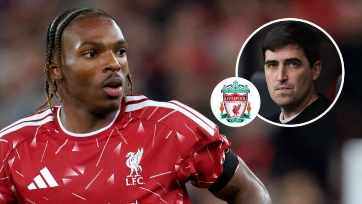 Liverpool defender Jeremy Jacquet and, inset, Andoni Iraola next the club badge