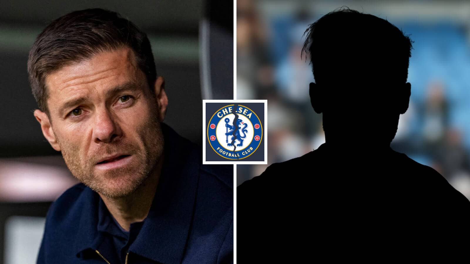 Split image of Chelsea manager Xabi Alonso and a shadow, with a cracked Chelsea badge in between - copyright TEAMtalk
