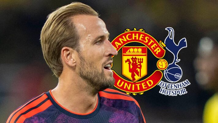 Bayern Munich striker Harry Kane next to the Manchester United and Tottenham Hotspur badges
