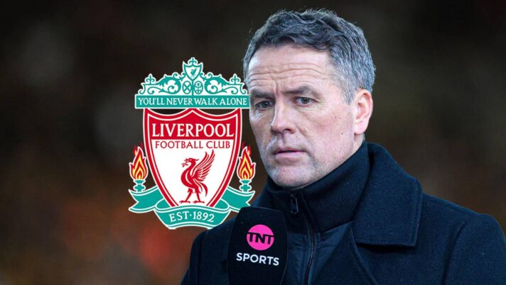 Liverpool old boy Michael Owen next to the club badge