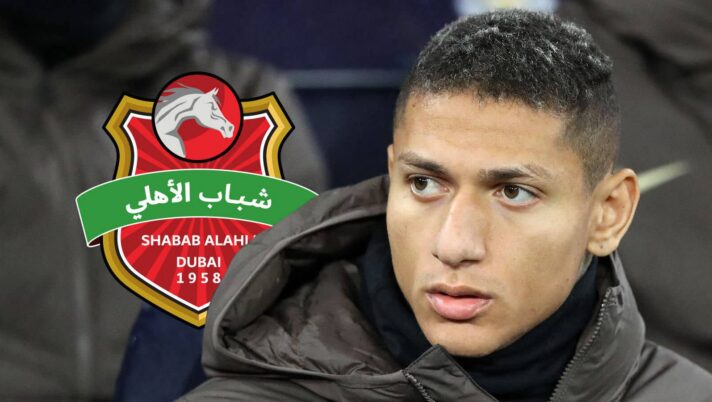 Tottenham Hotspur outcast Richarlison next to the badge of Dubai club Shabab Al-Ahli