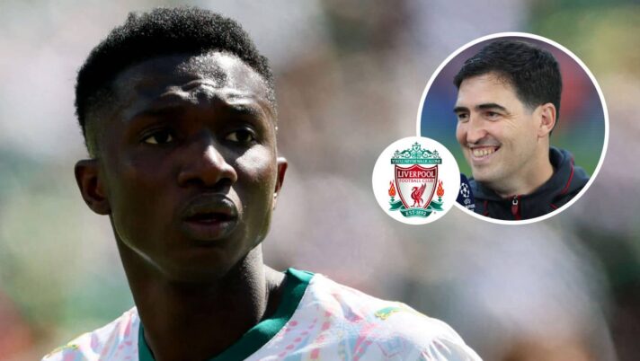 Monaco midfielder Lamine Camara is a target for Liverpool boss Andoni Iraola, inset, seen here next to the club badge