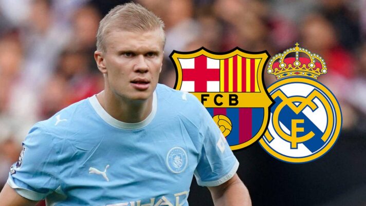 Man City star Erling Haaland with Barcelona and Real Madrid badges