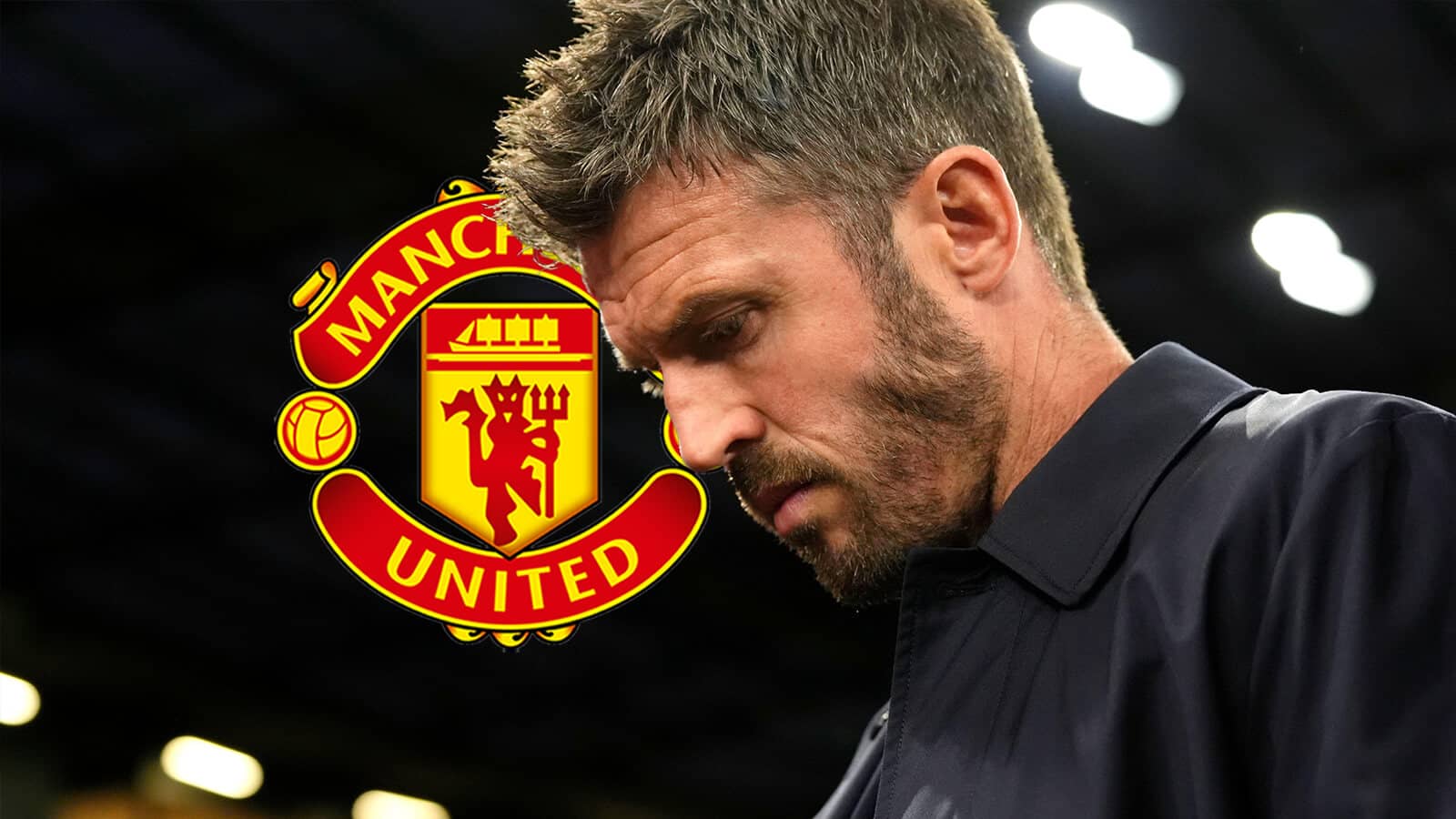 A dejected-looking Michael Carrick next to the Manchester United badge