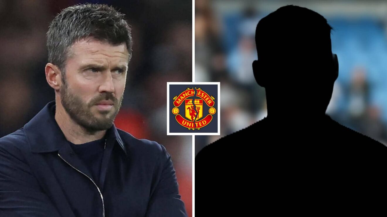 Split image of Manchester United manager Michael Carrick and a shadow, with the broken Manchester United badge in between - copyright TEAMtalk