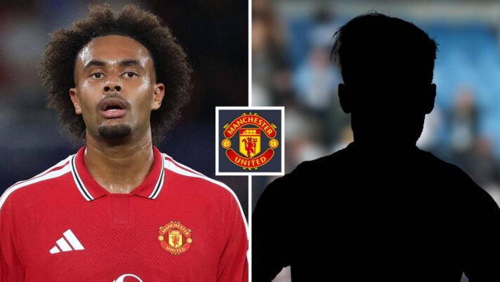 Split image of Manchester United forward Joshua Zirkzee and a shadow, with the Manchester United badge in between - copyright TEAMtalk