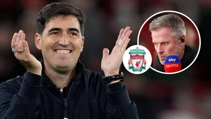 Liverpool manager Andoni Iraola next to the club badge and, inset, Jamie Carragher