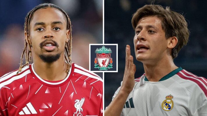 Split image of Liverpool star Bradley Barcola and Real Madrid ace Arda Guler, with the Liverpool badge in between - copyright TEAMtalk