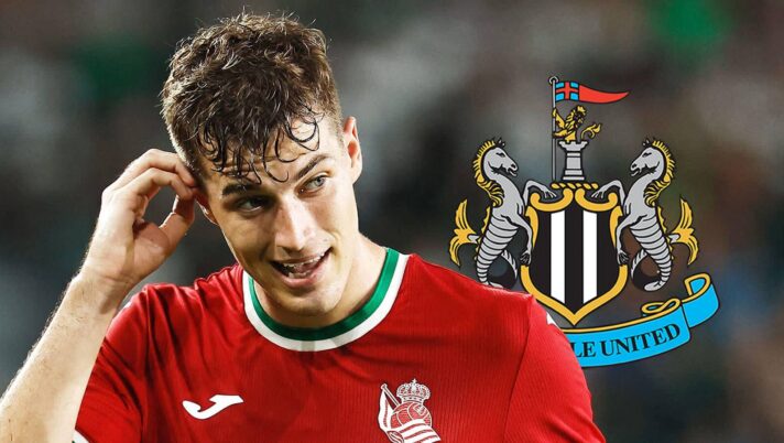 Luka Sucic with Newcastle badge
