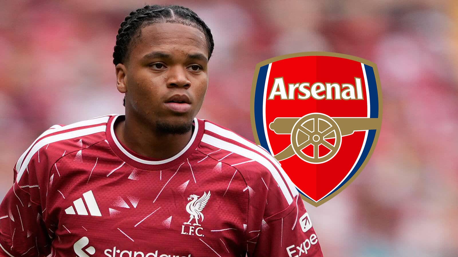 Liverpool star Rio Ngumoha next to the Arsenal badge
