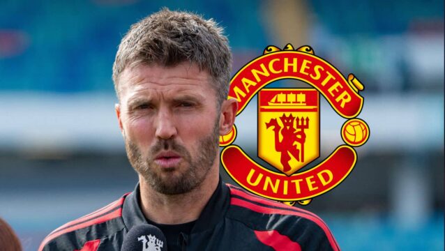 Manchester United boss Michael Carrick next to the club badge