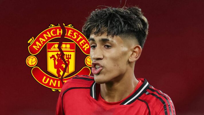 Manchester United talent JJ Gabriel next to a cracked Manchester United badge