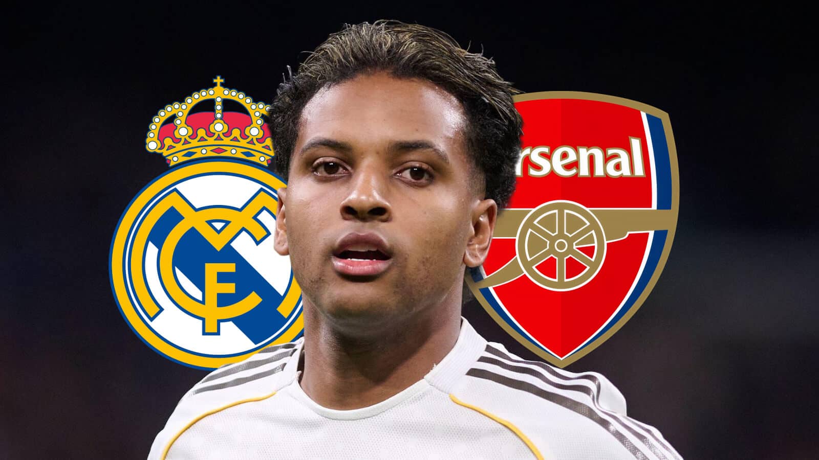 Real Madrid badge, Rodrygo and Arsenal badge - copyright TEAMtalk