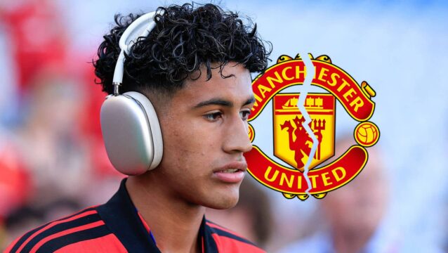 Manchester United youngster JJ Gabriel next to the Manchester United badge - copyright TEAMtalk