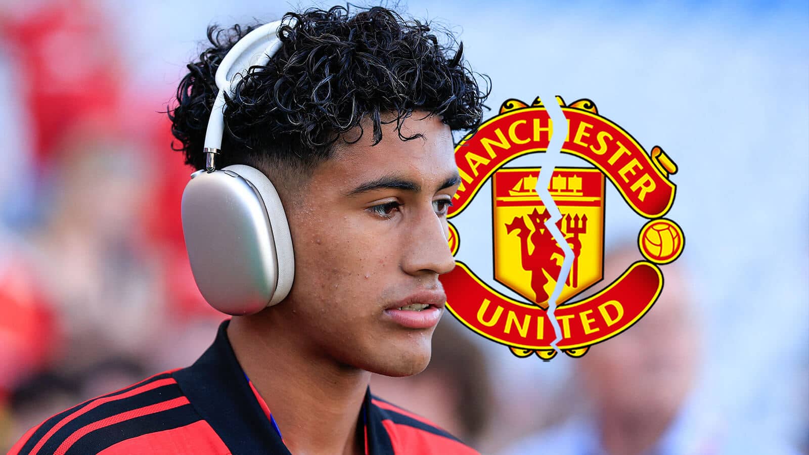 JJ Gabriel next to a cracked Manchester United badge