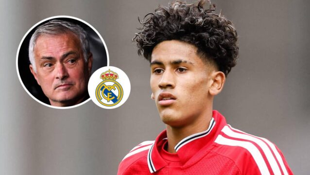 Jose Mourinho, Real Madrid badge and Manchester United youngster JJ Gabriel - copyright TEAMtalk