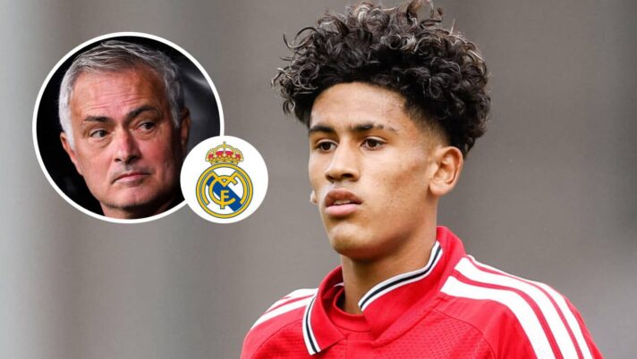 Jose Mourinho, Real Madrid badge and Manchester United youngster JJ Gabriel - copyright TEAMtalk