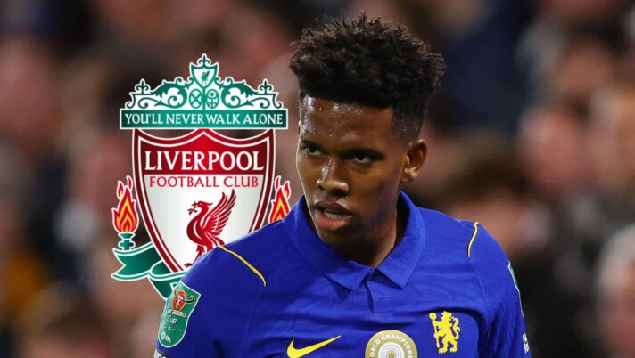 Chelsea winger Estevao Willian next to the Liverpool badge