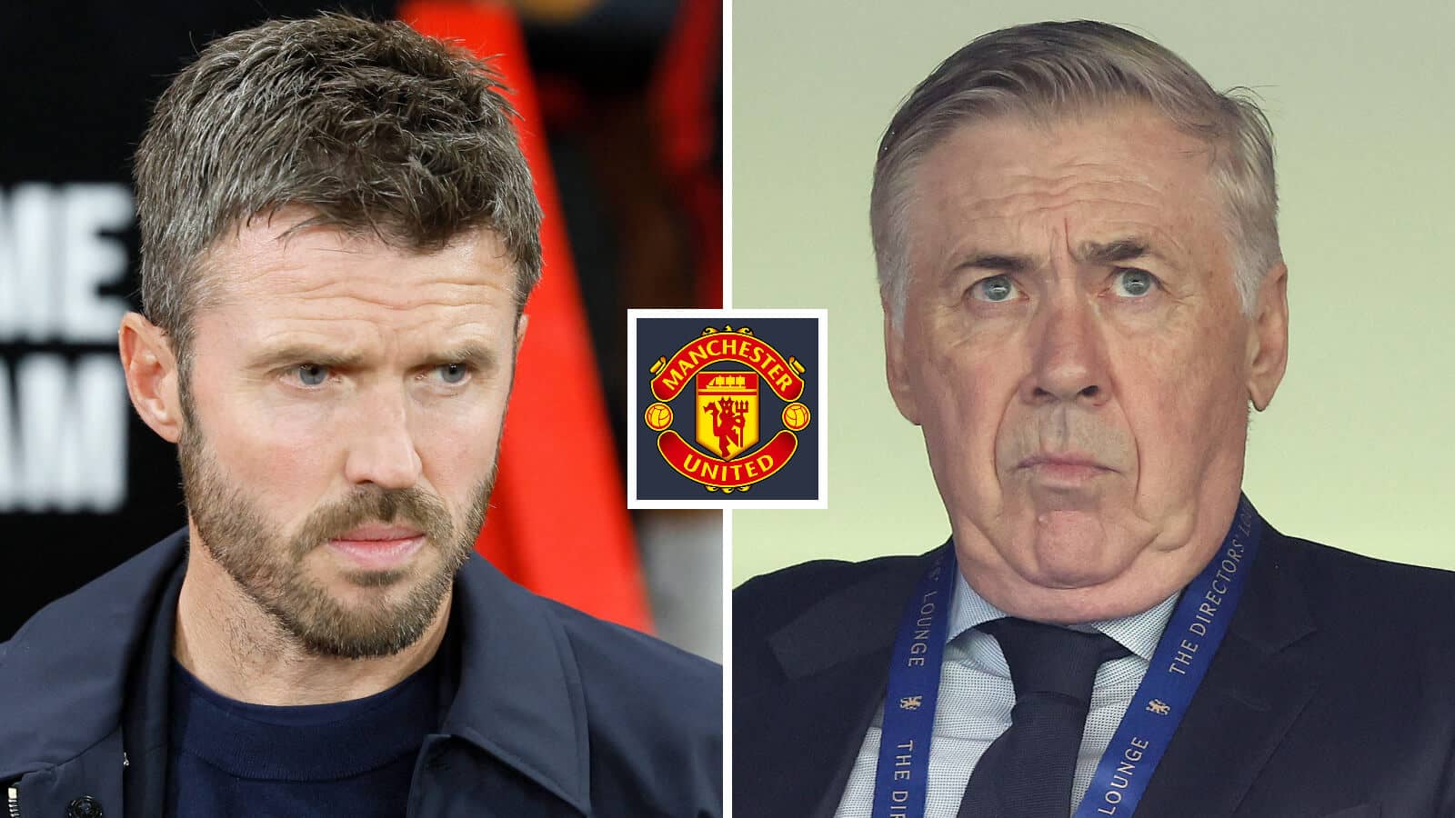 Manchester United manager Michael Carrick and former Real Madrid boss Carlo Ancelotti either side of the Manchester United badge