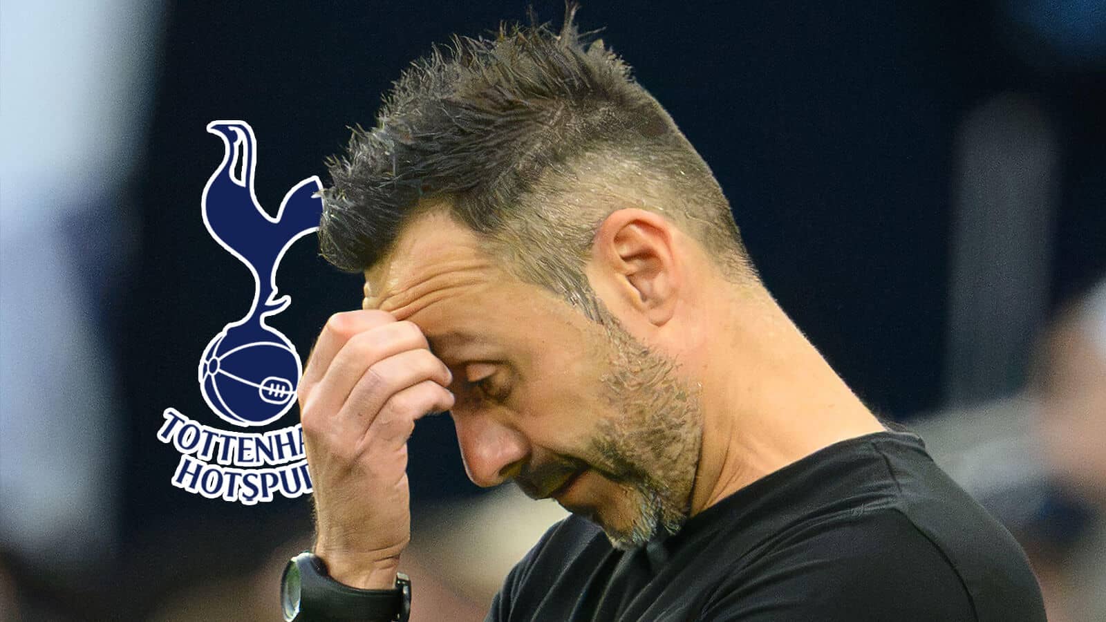Tottenham Hotspur manager Roberto de Zerbi next to the club badge