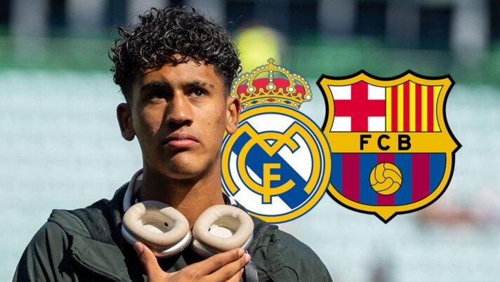 Man Utd star JJ Gabriel with Real Madrid and Barcelona badges