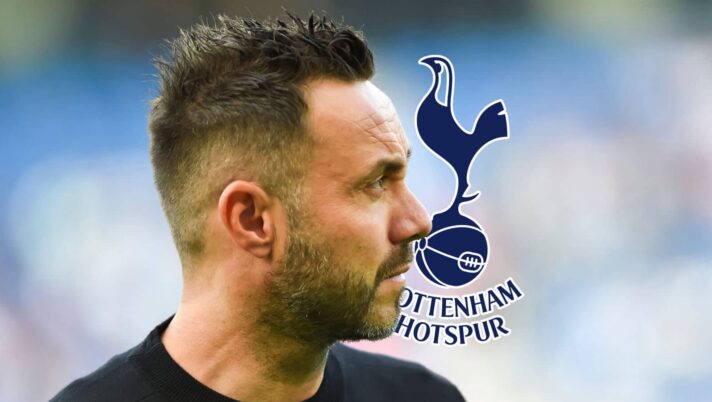 Roberto De Zerbi next to the Totenham Hotspur badge