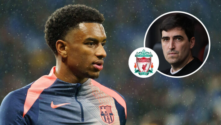Barcelona star Alejandro Balde and, inset, Andoni Iraola next to the Liverpool badge