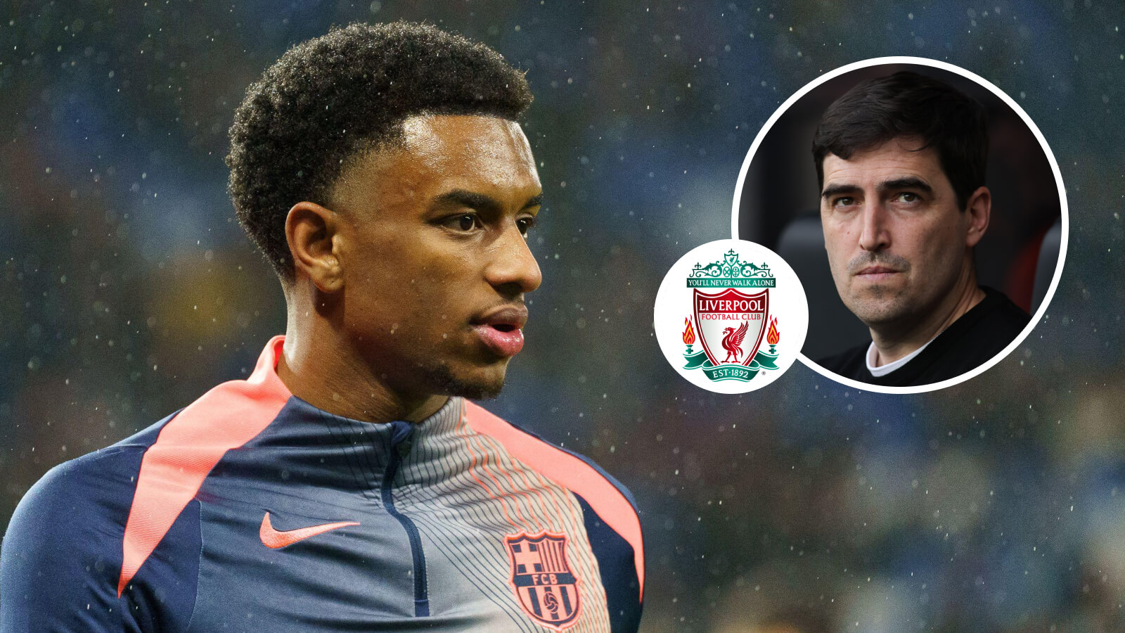 Barcelona star Alejandro Balde and, inset, Andoni Iraola next to the Liverpool badge