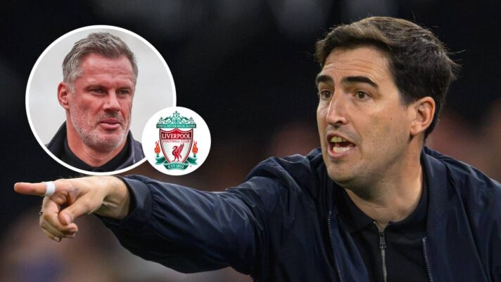 Liverpool boss Andoni Iraola and, inset, Jamie Carragher next to the club badge