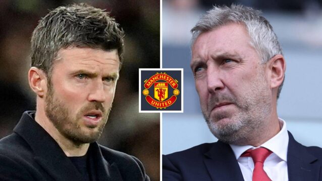 Split image of Manchester United duo Michael Carrick and Jason Wilcox, with the Manchester United badge in between - copyright TEAMtalk