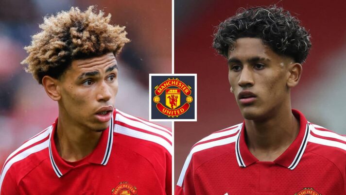 Split image of Manchester United youngster Noah Ajayi and JJ Gabriel, with the Manchester United badge in between - copyright TEAMtalk