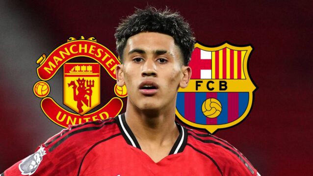Manchester United badge, JJ Gabriel and Barcelona badge - copyright TEAMtalk