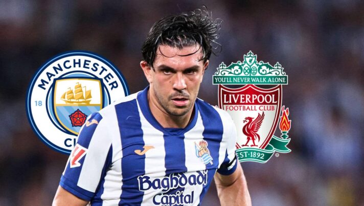 Manchester City badge, Real Sociedad star Jon Aramburu and Liverpool badge - copyright TEAMtalk