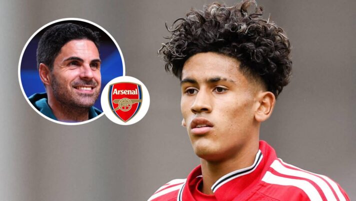 Mikel Arteta, Arsenal badge and Manchester United teenager JJ Gabriel - copyright TEAMtalk