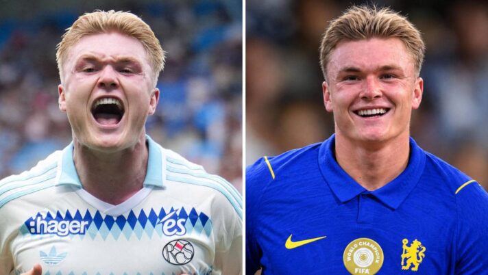 Strasbourg's on-loan striker Conrad Harder and the same player with a Chelsea shirt Photoshopped on him