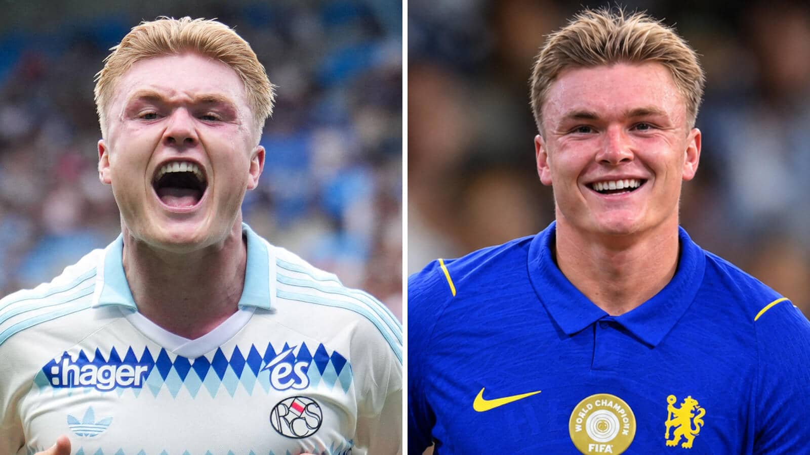 Strasbourg's on-loan striker Conrad Harder and the same player with a Chelsea shirt Photoshopped on him