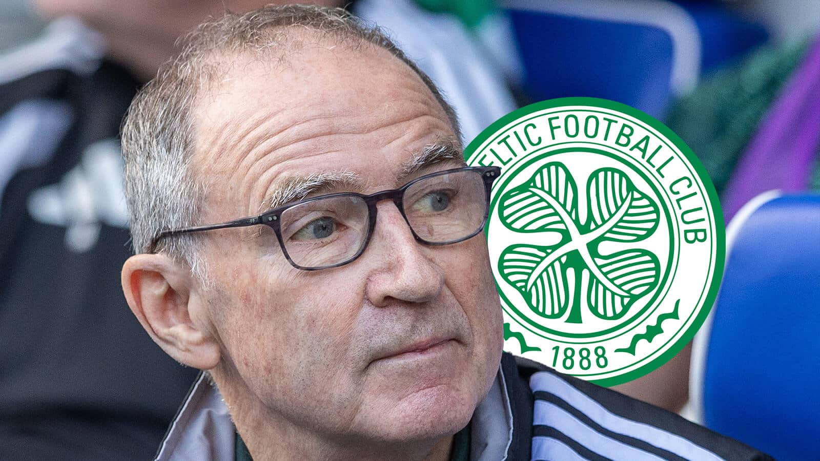 Martin O'Neill next to the Celtic badge