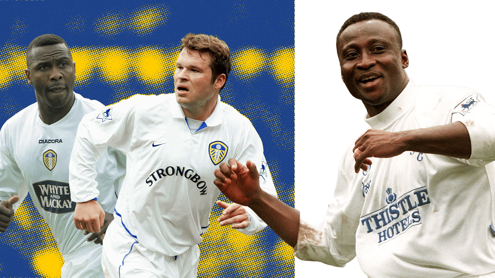 A graphic of Leeds United icons Lucas Radebe, Mark Viduka and Tony Yeboah