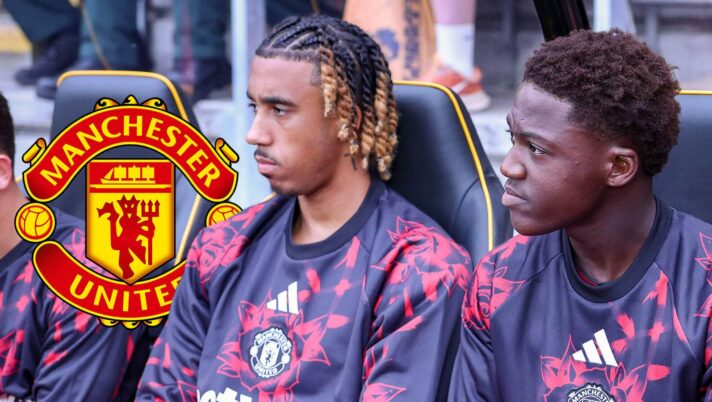 Leny Yoro and Kobbie Mainoo sat on the Manchester United bench next to the club badge