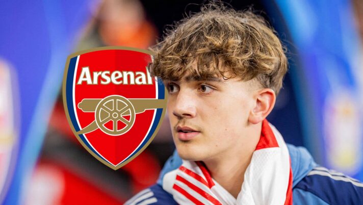Arsenal teenage superstar Max Dowman next to the club badge