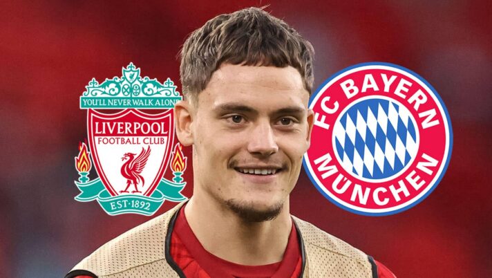 Liverpool star Florian Wirtz next to the club badge and the one of long-term suitors Bayern Munich