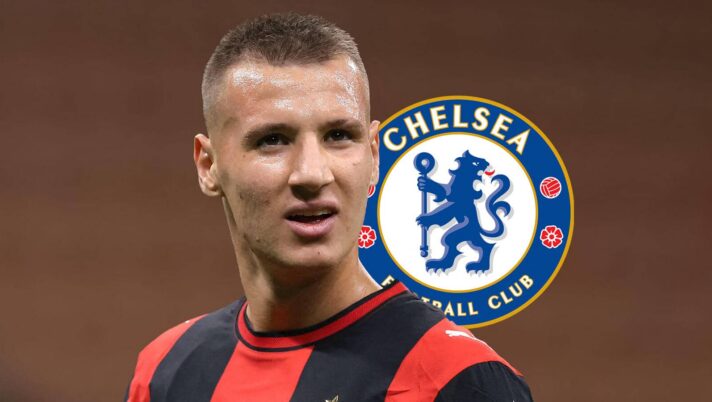 AC Milan star Francesco Camarda with a Chelsea badge