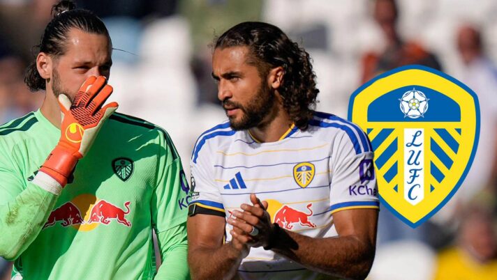 James Trafford and Dominic Calvert-Lewin next to the Leeds United badge